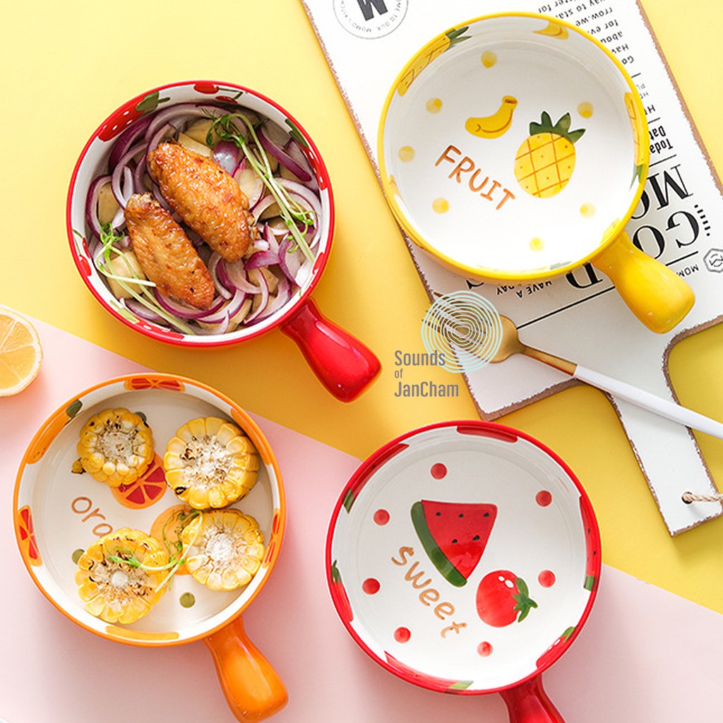 Bowls 129 บาท [NEW]   ชามมีด้ามจับเซรามิก เพ้นส์ลายผลไม้ ขนาด 6 นิ้ว  ใส่ก๋วยเตี๋ยว ชุป มาม่า  ใช้งานถนัดมือ Home & Living