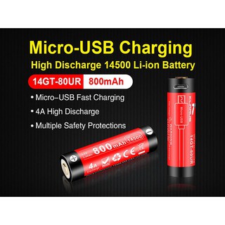 Klarus 14GT-80UR 3.7V 800mAh แบตชนิดหัวนูน มีวงจรป้องกัน และช่องชาร์จ Micro USB ในตัว