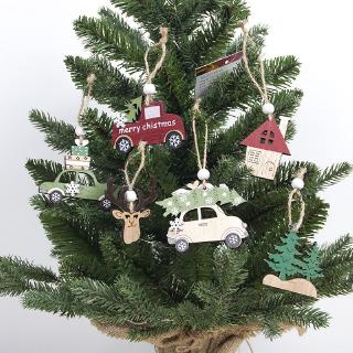 [HOT]Xmas Tree Ornaments Hanging Green Red Wood Miniatures Decorations 3PCS/Set Wooden Car Elk Tree Pendants Christmas Party New Year Noel Birthday Kids Gift