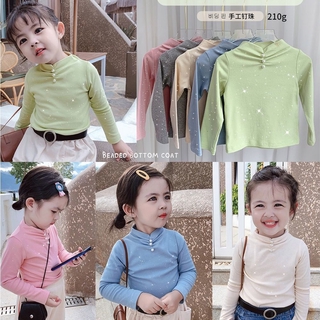 เสื้อยืดแขนยาว ประดับเลื่อม พร้อมกระดุมมุก แฟชั่นฤดูใบไม้ร่วง สไตล์เกาหลี แฟชั่นสําหรับเด็กผู้หญิง