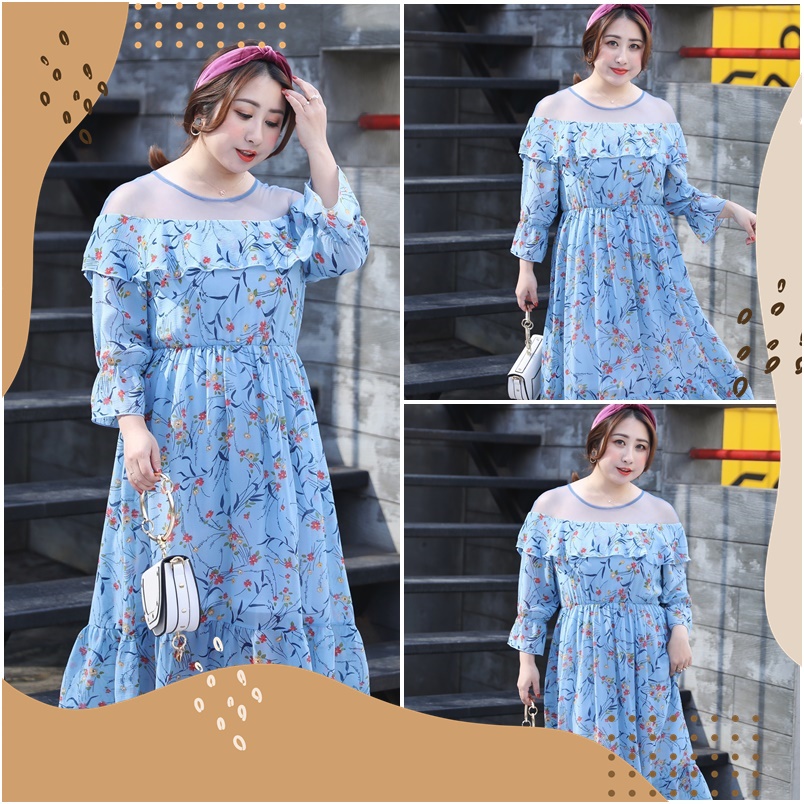 [ 🔥อกถึง 44" ] : PM4187 : พร้อมส่ง เสื้อผ้าไซส์ใหญ่ คนอ้วน สาวอวบ ชุดเดรสยาวลายดอกสีฟ้า ชุดเดรสสีฟ้า