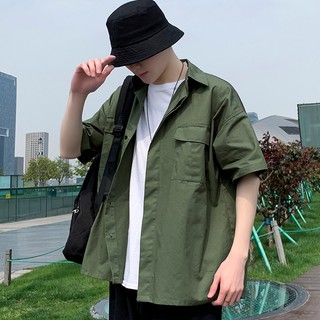 M-2XL เสื้อเชิ้ตแขนสั้น, เสื้อนักเรียน, เสื้อเชิ้ตสีดำสีเขียว