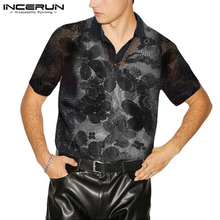 Incerun เสื้อเชิ้ตลําลอง แขนสั้น ซีทรู ระบายอากาศ ลายดอกไม้ ทรงหลวม สําหรับผู้ชาย