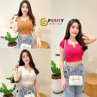 🌈 SpinnyHouse 🌈เสื้อครอป CROPTOP แต่งกระดุมช่วงอก แขนสั้น ครอปเก๋ น่ารัก ผ้ายืดใส่สบายไม่ร้อน แซ่บสุด รุ่น เสื้อgg