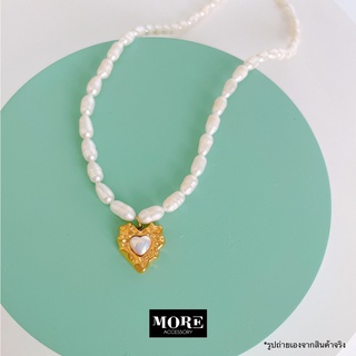 Vintage Pearl Chocker สร้อยมุกน้ำจืดประดับจี้รูปหัวใจ สแตนเลส สีทอง เครื่องประดับกันน้ำ waterproof