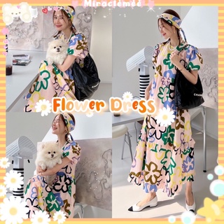 Flower Dress เดรสลายดอกไม้ โทนสีชมพู ดอกไม้หลากสี มาพร้อมสายผูกผม/เอว แต่งปลายกระโปรง เดรสแขนตุ๊กตา เดรสคอกลม งานป้าย