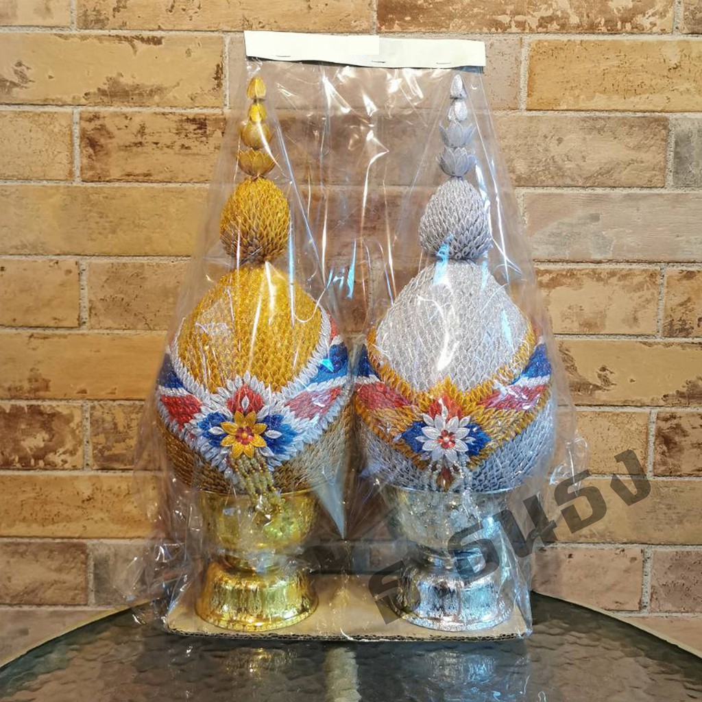 พานพุ่มเงินทอง เนื้อผ้า ขนาดกลาง เบอร์ 5 เบอร์ 6 มีตราและไม่มีตราสัญลักษณ์