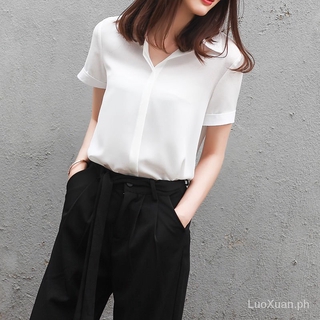 เสื้อเชิ้ตแขนสั้นลําลอง ผ้าชีฟอง ทรงหลวม สีพื้น สไตล์เกาหลี และฮ่องกง แฟชั่นเรโทร สําหรับผู้หญิง