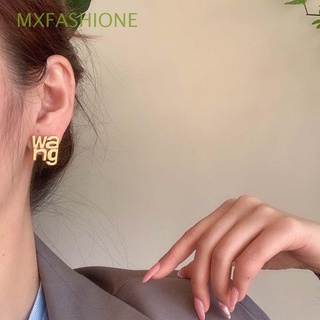 Mxfashione ต่างหูสตั๊ด อัลลอย ลายตัวอักษร Wang สีทอง เรียบง่าย สําหรับผู้หญิง