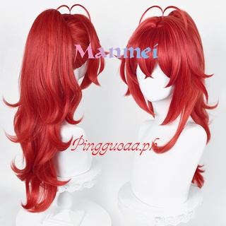 【Manmei】Genshin Impact Diluc Cosplay Wig High Ponytail Red Hair Anime Cosplay Wig Heat Resistant Synthetic Wigs