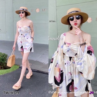 TW14719 Set 3 ชิ้น ผ้าผูกอก + เสื้อคลุมยาวทรงกิโมโนแขนยาว + กางเกงขาสั้นเอวยางยืด เนื้อผ้าไหมเกาหลีลายกราฟฟิก