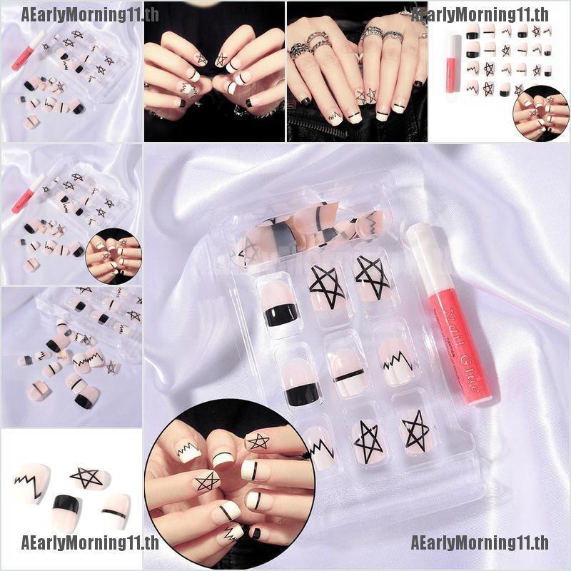 【purpleredto】24pcs Acrylic Designer Fake Nail Tips French Full False