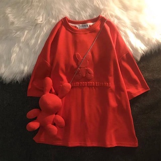 เสื้อยืดสีแดง สไตล์โอเวอร์ไซส์ ลายกระต่าย ไซส์ L