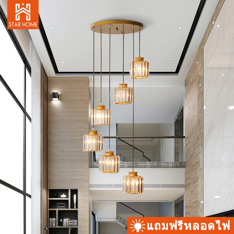 โคมระย้าคริสตัล หมุนโคมระย้าบันไดโมเดิร์นโคมไฟติดเพดานHollow Creative Villaขั้นบันไดมีไฟความยาวคริสตัลโคมไฟนอร์ดิก