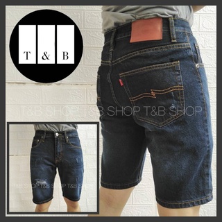 T&amp;B SHOP กางเกงยีนส์ขาสั้น Dark Blue ฟอก แต่งขาดขาขวา งานเป้าซิปโลหะ (Size28-36) พร้อมส่ง