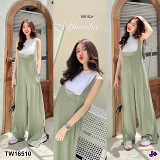 TW16510 Set 2 ชิ้น เอี๊ยมขายาว มาคู่เสื้อยืดตัวในสีขาวทรงแขนล้ำ ไม่รั้งเป้า เนื้อผ้ายืดคอตต้อล กระเป๋ากางเกงล้วงข้าง