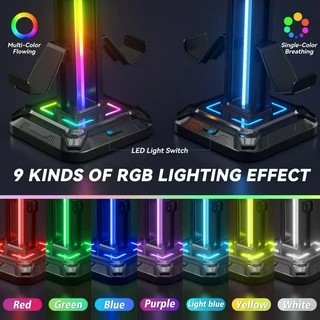 ขาตั้งชุดหูฟัง RGB 9 โหมดแสงผู้ถือคอนโทรลเลอร์สําหรับโต๊ะที่ถอดออกได้ตะขอควบคุมสําหรับหูฟัง