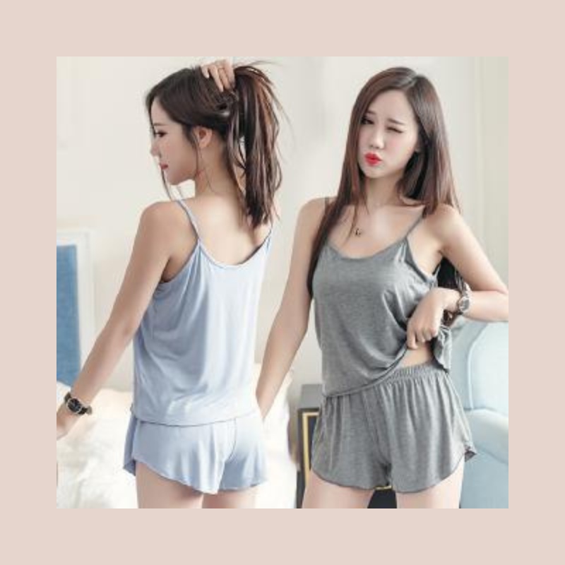 ชุดนอน ชุดนอนสายเดี่ยวมินิมอล สายเดี่ยว ขาสั้น สีพื้น รูปที่ 8