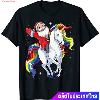 ConverShoes เสื้อยืดยอดนิยม Christmas Santa Riding Unicorn Xmas Girls Women Rainbow T-Shirt Popular T-shirts