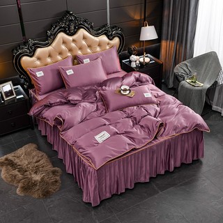 ผ้าปูที่นอนสีม่วง ผ้าปูเตียง 5ฟุต เนื้อผ้าแพร นุ่มลื่น ครบชุด 4ชิ้น (ผ้าปูมีระบาย+ปลอกหมอน+ปลอกผ้าห่ม) NV03 ม่วง