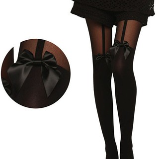 ผู้หญิงวินเทจ Vintage Bowknot Tattoo Mock Suspender ถุงน่อง Sheer ถุงเท้า Pantyhose