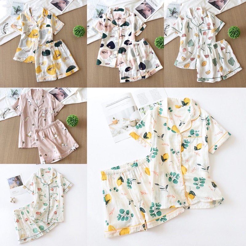 ชุดนอนผ้าฝ้ายมัสลิน เสื้อแขนสั้นกางเกงขาสั้น พร้อมส่ง