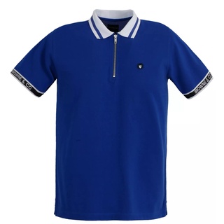 BROWNE &amp; CO. เสื้อโปโล คอตตอน สีCobalt Blue คอ แขน ตัดต่อผ้าทอ แต่งซิปสีเงิน รุ่น LPT009-1-BU