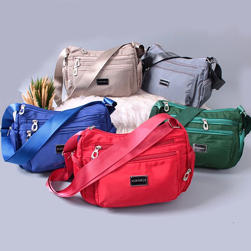 KOREA(KR1089) กระเป๋าสะพายข้างผ้าไนล่อนช่องเยอะสุดคุ้ม