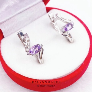 N6429 ต่างหูพลอยอเมทิสต์แท้ ( Amethyst ) แบบอิงลิชล็อค ตัวเรือนเงินแท้ 925 ชุบทองคำขาว