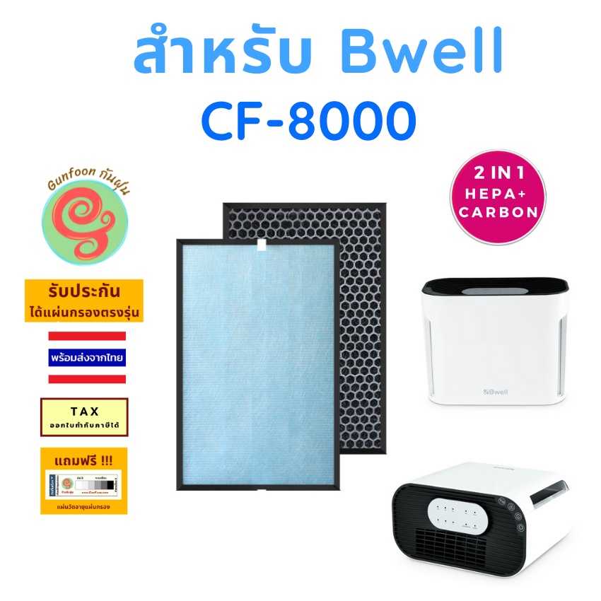 แผ่นกรอง สำหรับ เครื่องฟอกอากาศ Bwell รุ่น CF-8000 ไส้กรองอากาศ HEPA พร้อมไส้กรองคาร์บอนกรองกลิ่น โด