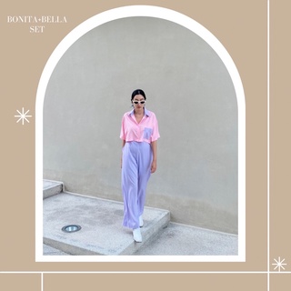 Bonita+Bella set ชุดเซ็ตเสื้อครอปและกางเกงเอวสูงยางยืดสีพื้น