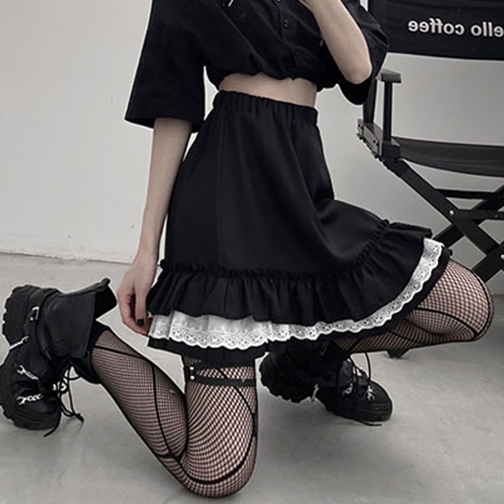 Goth Lolita Skirt Women Harajuku High Elastic Waist Lace Black Mini Skirts Punk Gothic