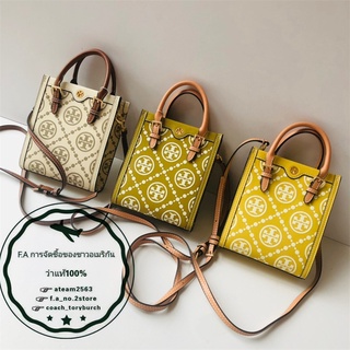 F.A ว่าแท้100% TORY BURCH T MONOGRAM CONTRAST  EMBOSSED  MINI TOTE BAG กระเป๋าสะพายข้างขนาดเล็กสำหรับผู้หญิง 88650 1621