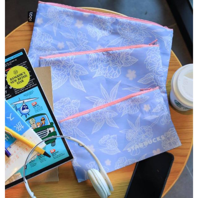 กระเป๋าผ้า Starbucks MI-BLUE CHERRY BLOSSOM ZIP POCKET SET 3 ใบ