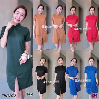 👗Pfashion [ส่งไว!!🚛] P6972  เดรสคอปีนแหวกหน้า  split front neckline dress