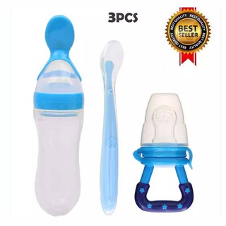 3 pcs Baby Food Feeder Kit Infant Fruit Feeder Pacifier Teething Toy + Silicone Soft Spoon + Squeeze Feeding