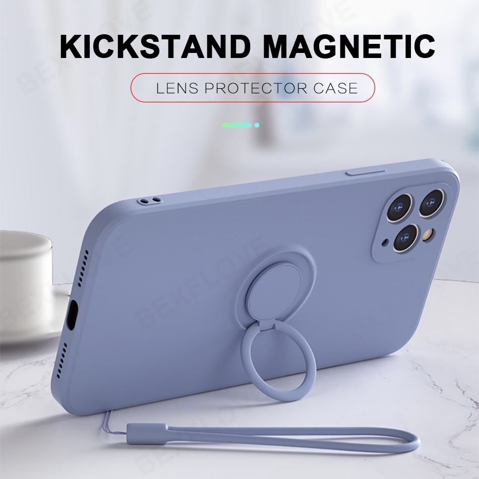 Ring Strap Liquid Silicone Phone Case for IPhone 12 Pro Max Case Holder Cover for IPhone 12 Mini Lens Camera Protector Case
