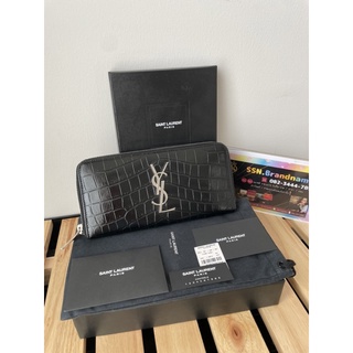 กระเป๋าสตางค์ YSL SAINT LAURENT LONG ZIPPER WALLET CROCODILE SKIN BLACK SHW (Like new)