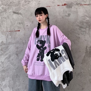 Cotton 2022 Autumn New Korean loose bear print round neck purple Hoodless sweater female ins lazy style top