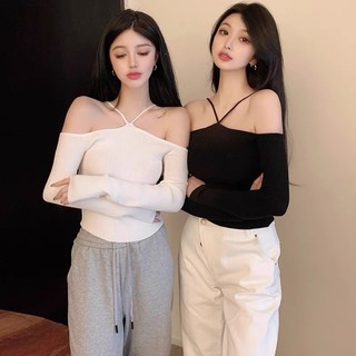 Cicishop(11202-1)เสื้อไหมพรมแขนยาวปาดไหล่สายคล้อง เนื้อผ้าดี…