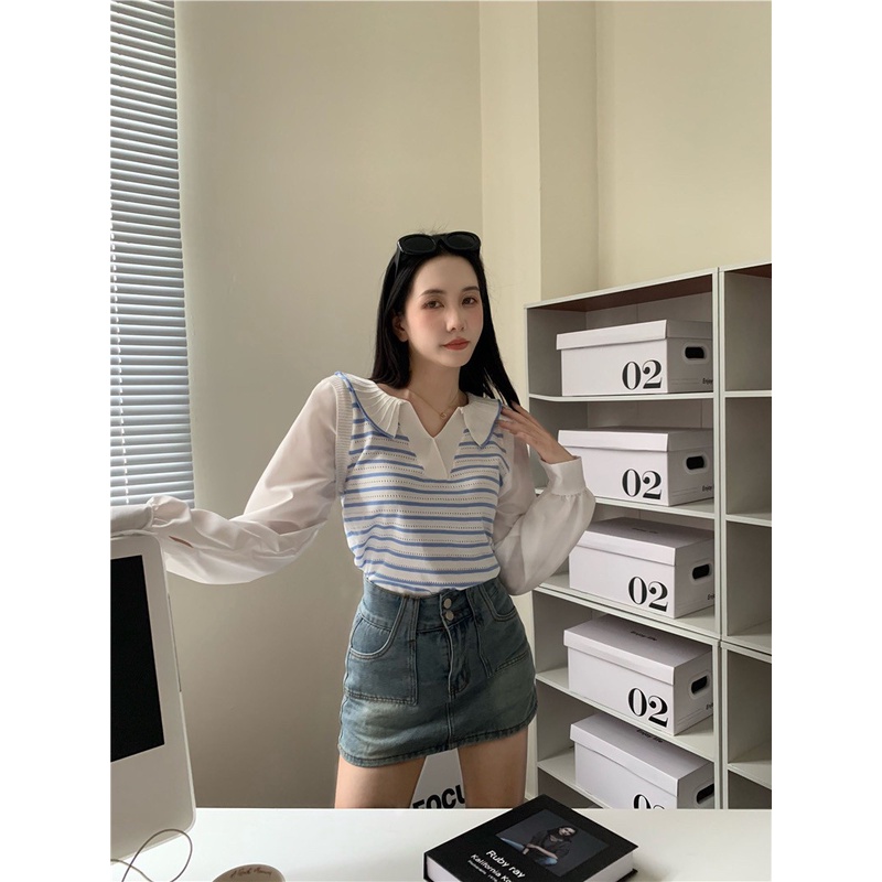 Elves✨พร้อมส่ง✨ เสื้อไหมพรมคอปกแขนยาวชีฟอง ดีเทลลายทางน่ารักคิ้วมาก ~50055-1~