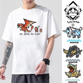 ROUND คอลูกเรือเสื้อยืด พิมพ์ลายการ์ตูน Monster Hunter สไตล์ฮิปฮอป แฟชั่นฤดูร้อน สําหรับผู้ชาย และผู้หญิง 2021-4XL