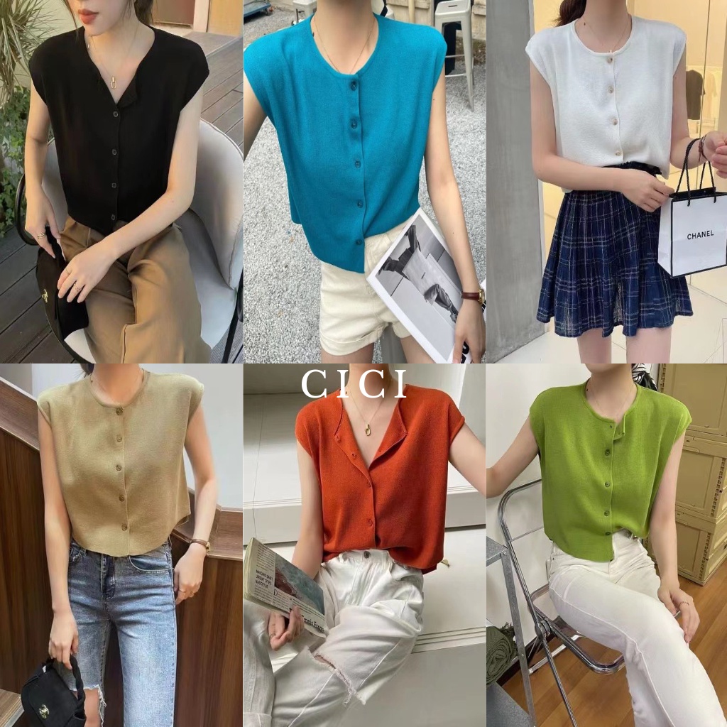ส่งทันที Cici(NO. 2544)เสื้อครอปแขนกุดกระดุมผ่ากลาง ผ้าknitนิ่มมาก ทรงสวยใส่แมทช์ง่าย