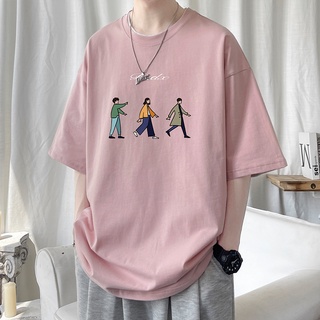 เสื้อยืดผู้ชายอินเทรนด์✲✿สีชมพูแขนสั้นเสื้อยืดผู้ชาย ins tide แบรนด์ฤดูร้อนเสื้อผ้าคู่สวมใส่ 2022 ใหม่แนวโน้ม oversize ค