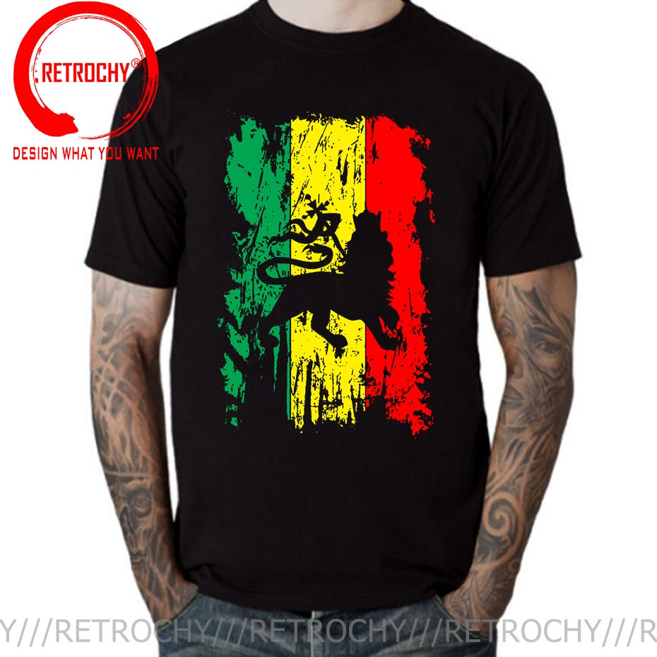 เครื่องแต่งกาย Distressed Rasta Flag Lion Of Judah T Men Jamaica Rastafari Reggae Music Tshirt เอธิโ