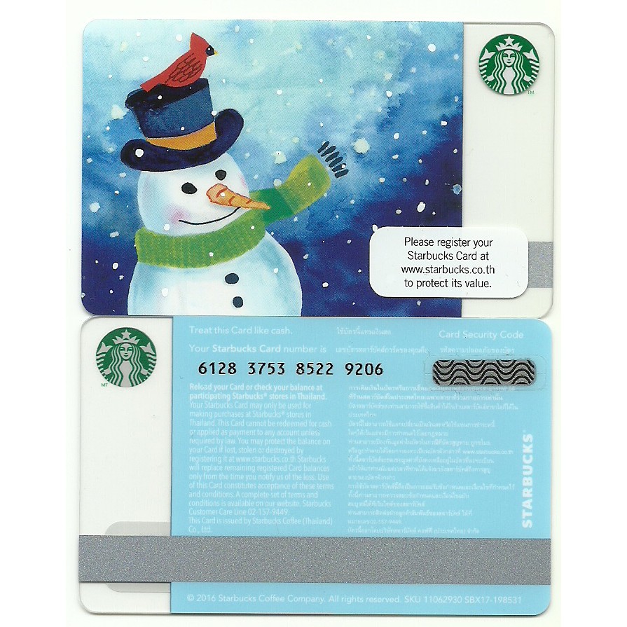 บัตรเปล่า 2016 Starbucks Thailand Card Snowman with Red Cardinal