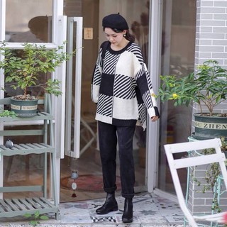 เสื้อไหมพรมทอแน่นเนื้อนิ่มใส่สบายลายตารางใหญ่ มีสองเฉดให้เลือกใส่ match