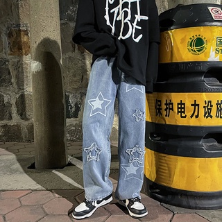 【S-3XL】Japanese street hip-hop trend mens straight-leg pants star pattern casual pants College style handsome jeans Oversized loose and comfortable denim trousers Tik Tok Trendy Jogging Pants