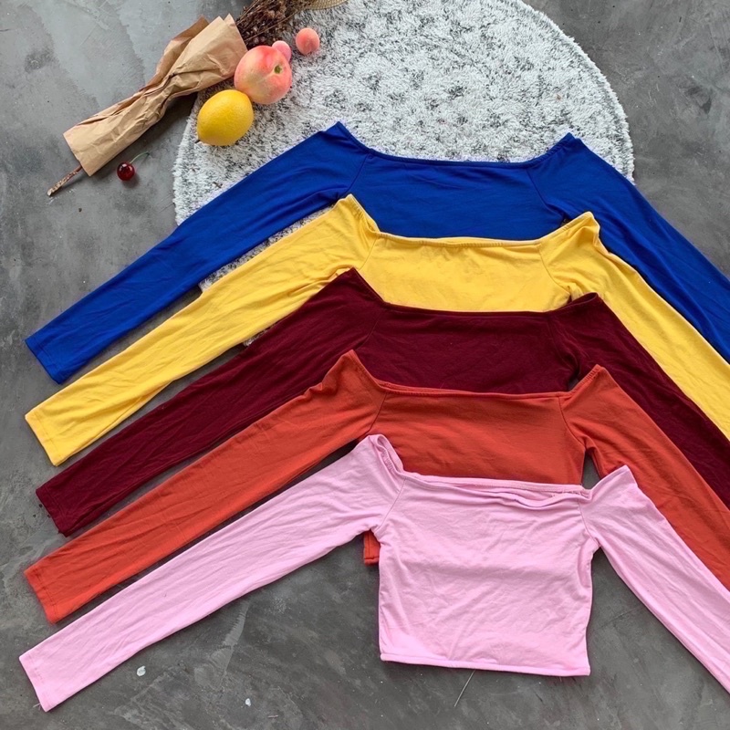 🎊mnv_shop🎊พร้อมส่งเสื้อครอปแขนยาวปาดไหล่ผ้านิ่มใส่สบายแมทช์กับกางเกงคือดีมากแม่เนื้อผ้าเรย่อนยืดได้เยอะรุ่นนี้คือแช่บมาก - รูปที่ 6