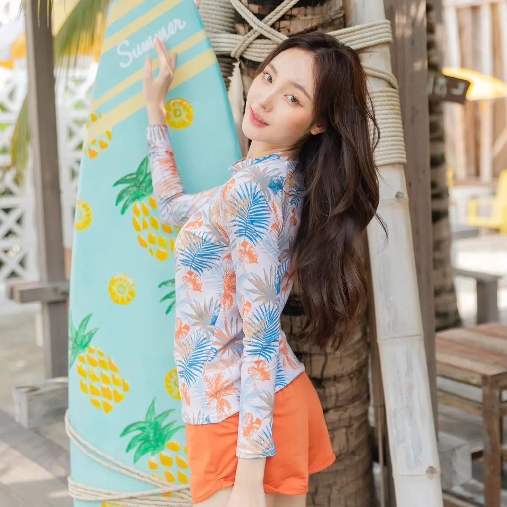 🌈Letmeinsummers🌈 APPARELชุดว่ายน้ำผู้หญิงแขนยาวกันยูวี กางเกงสปอร์ต2ชั้นUPF50+,UV มีไซส์ P065